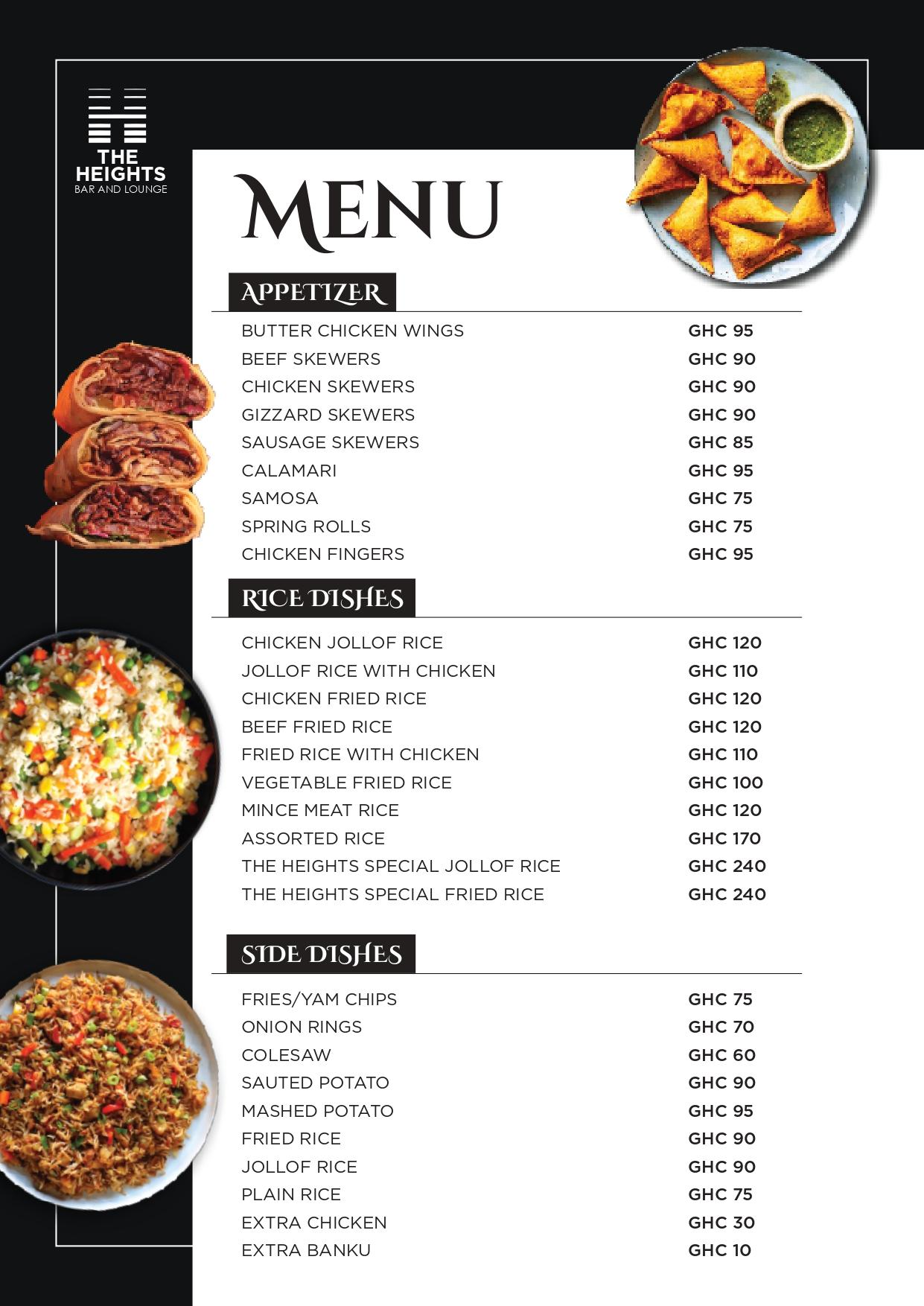 The Heights Bar & Lounge menu page 1 of 9: Appetizers, Rice Dishes, Side Dishes