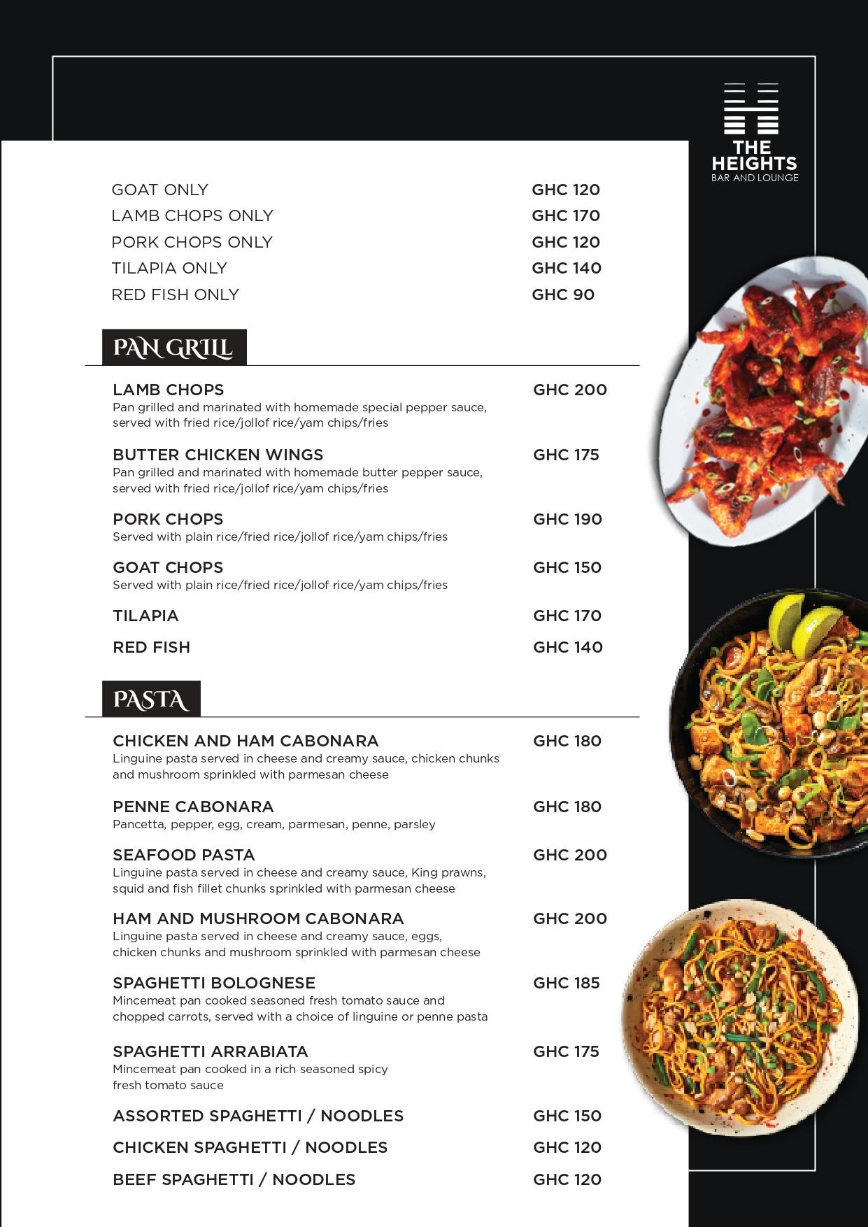 The Heights Bar & Lounge menu page 2 of 9: Pan Grill, Pasta