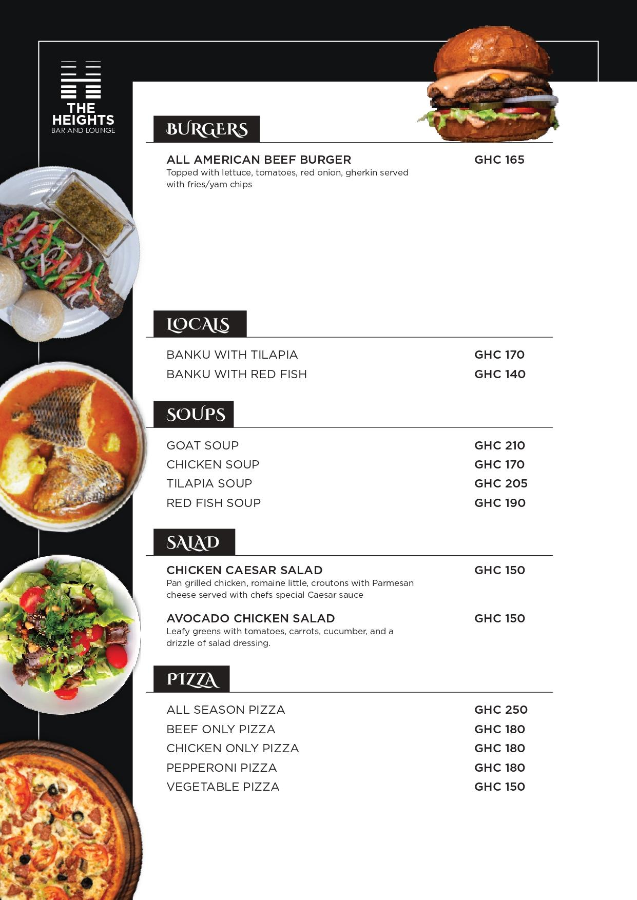 The Heights Bar & Lounge menu page 3 of 9: Burgers, Locals, Soups, Salad, Pizza