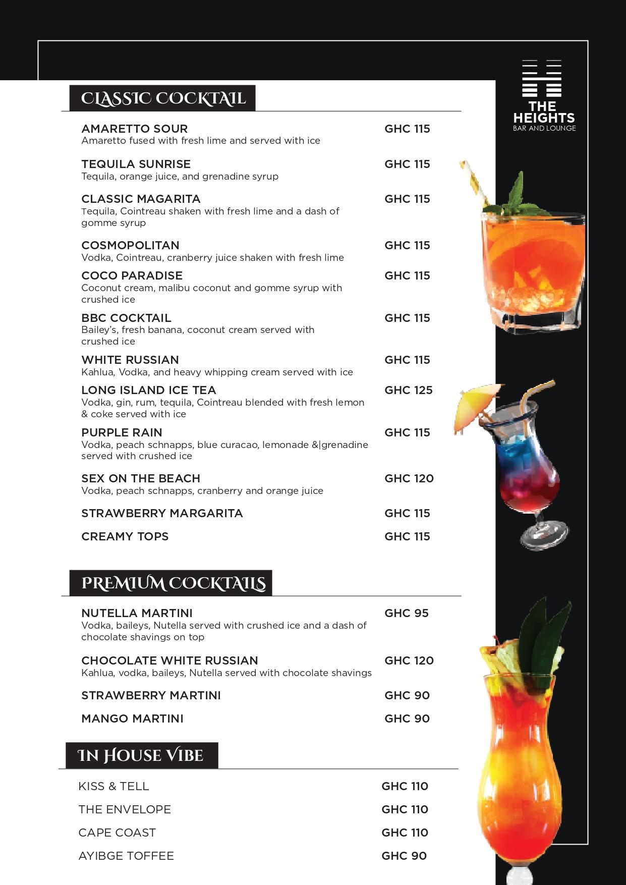 The Heights Bar & Lounge menu page 4 of 9: Classic Cocktails, Premium Cocktails, In House Vibe
