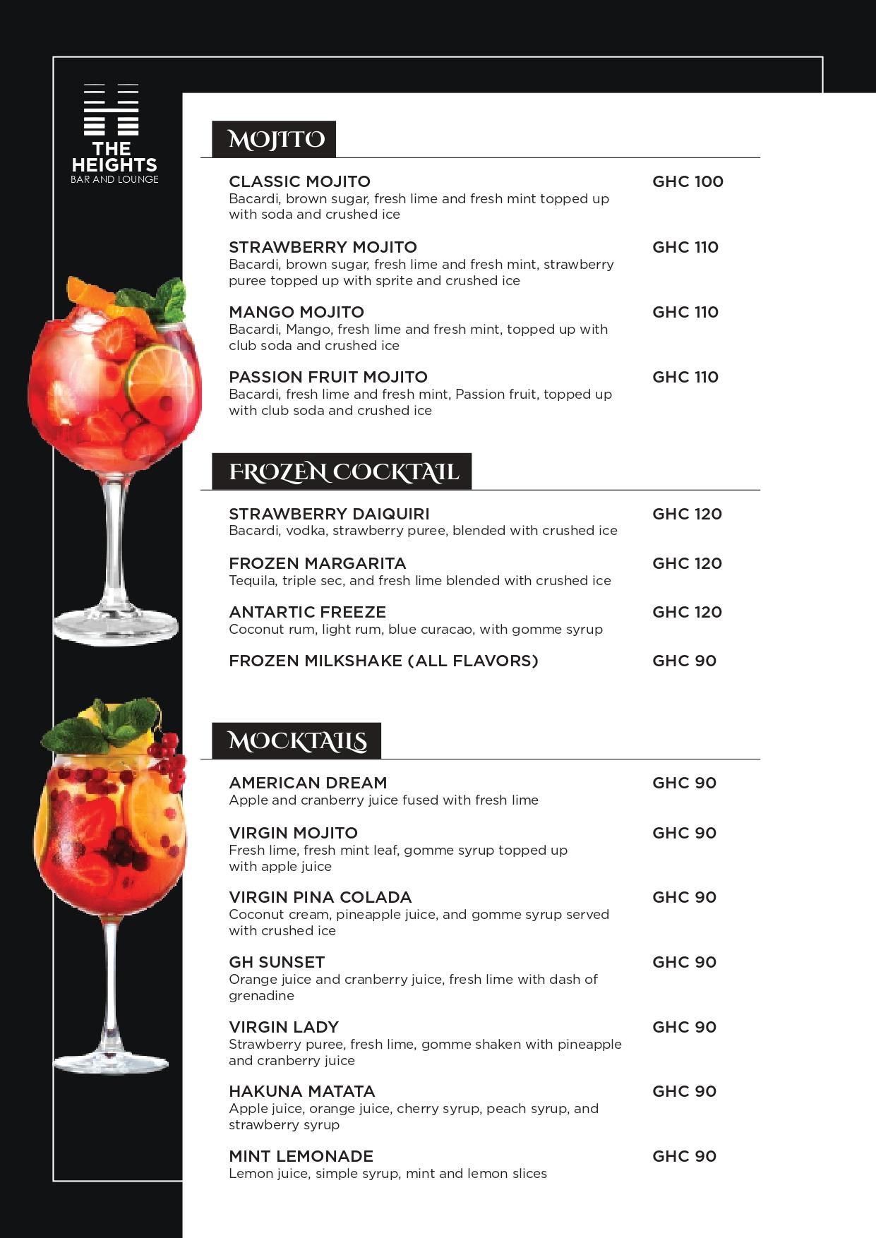 The Heights Bar & Lounge menu page 5 of 9: Mojito, Frozen Cocktails, Mocktails