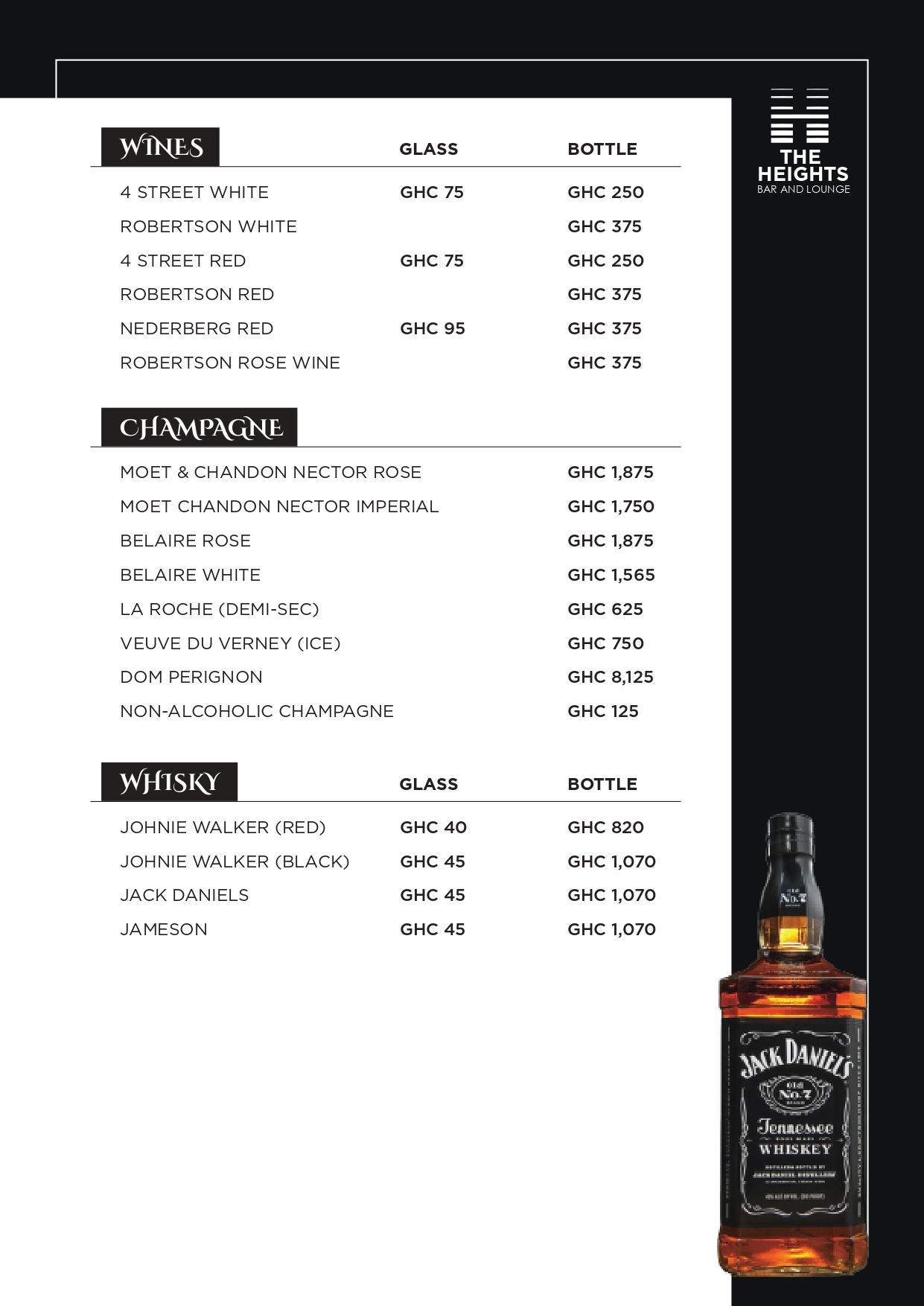 The Heights Bar & Lounge menu page 6 of 9: Wines, Champagne, Whisky