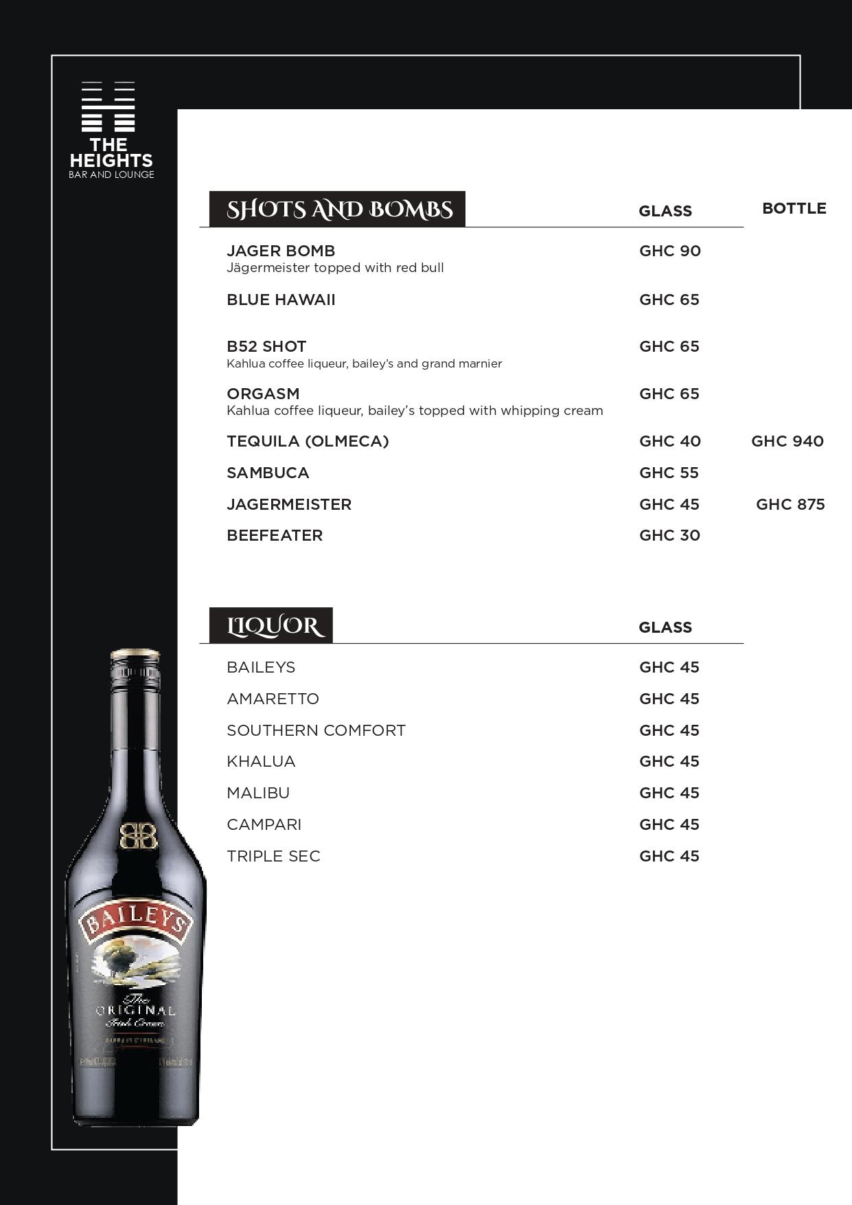 The Heights Bar & Lounge menu page 7 of 9: Shots & Bombs, Liquor