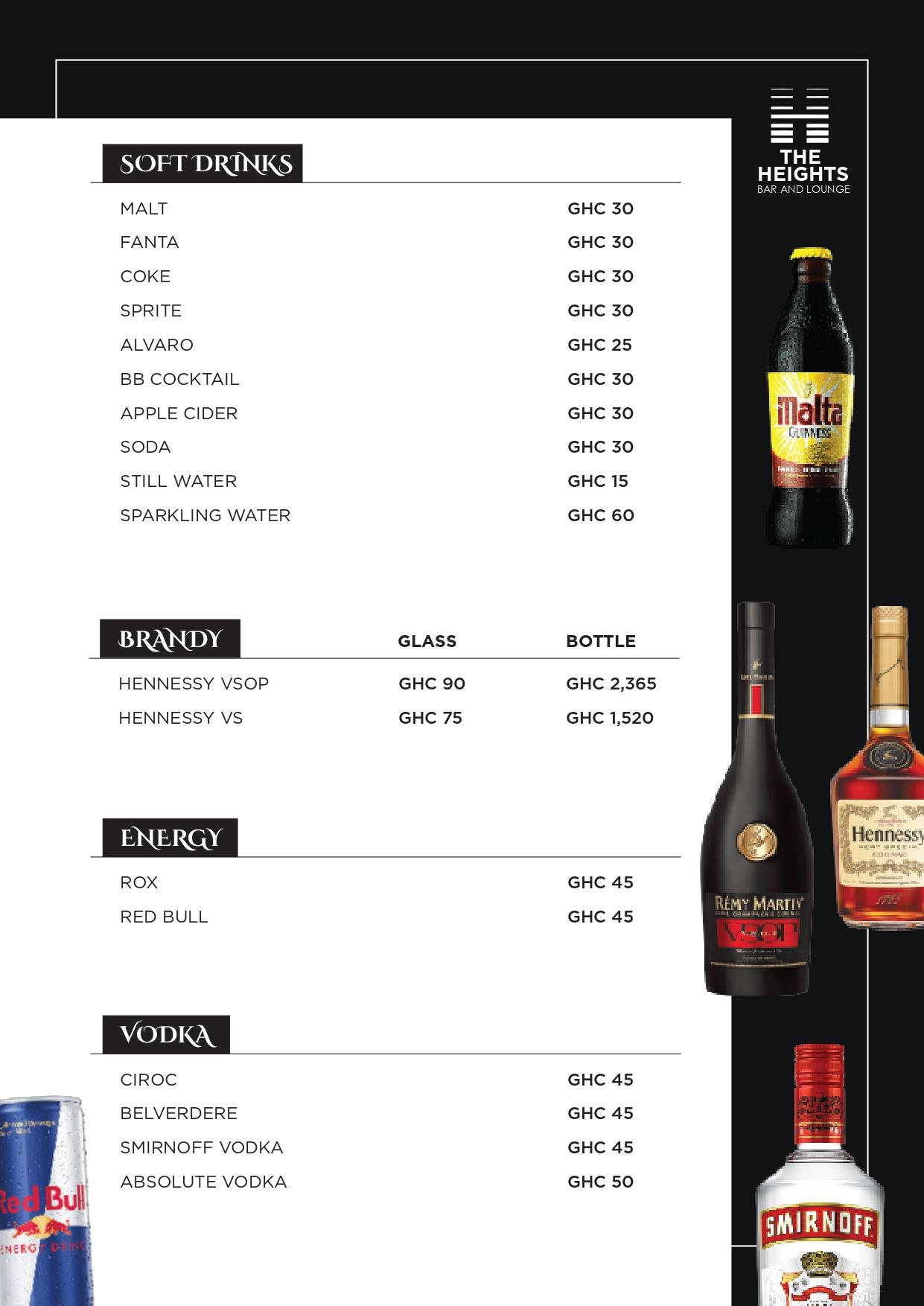The Heights Bar & Lounge menu page 8 of 9: Soft Drinks, Brandy, Energy Drinks, Vodka