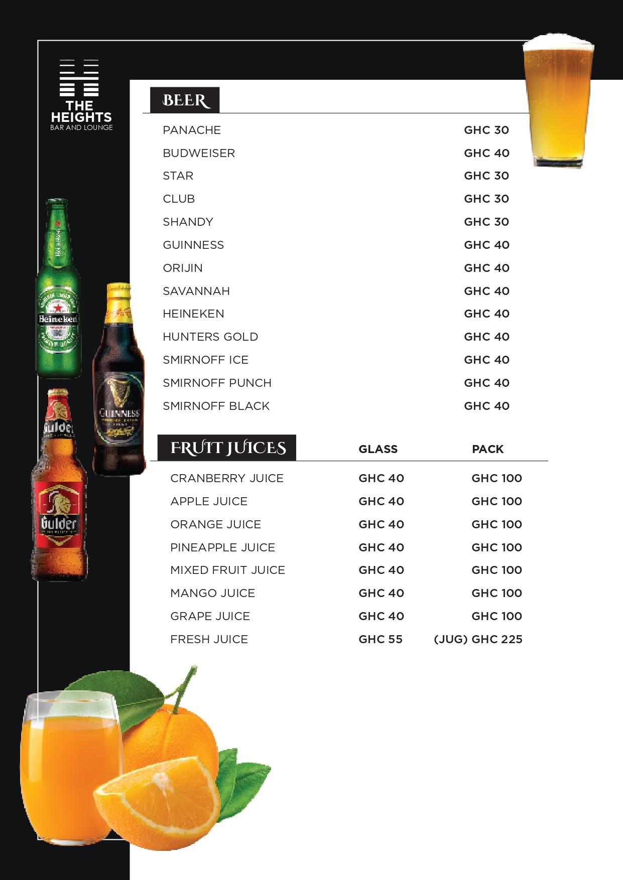 The Heights Bar & Lounge menu page 9 of 9: Beer, Fruit Juices